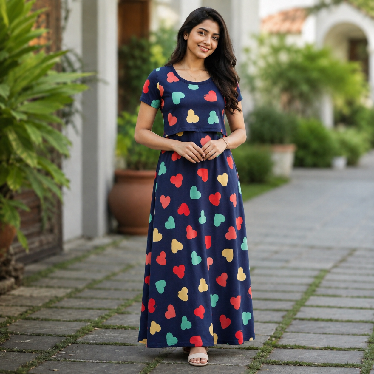 Navy Colourful Heart Print Zipless Feeding Loungewear (M) BB