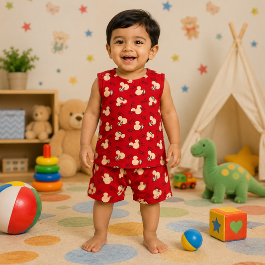 Red Micky Print Sleeveless Shorts Cordset (4year to 5year)