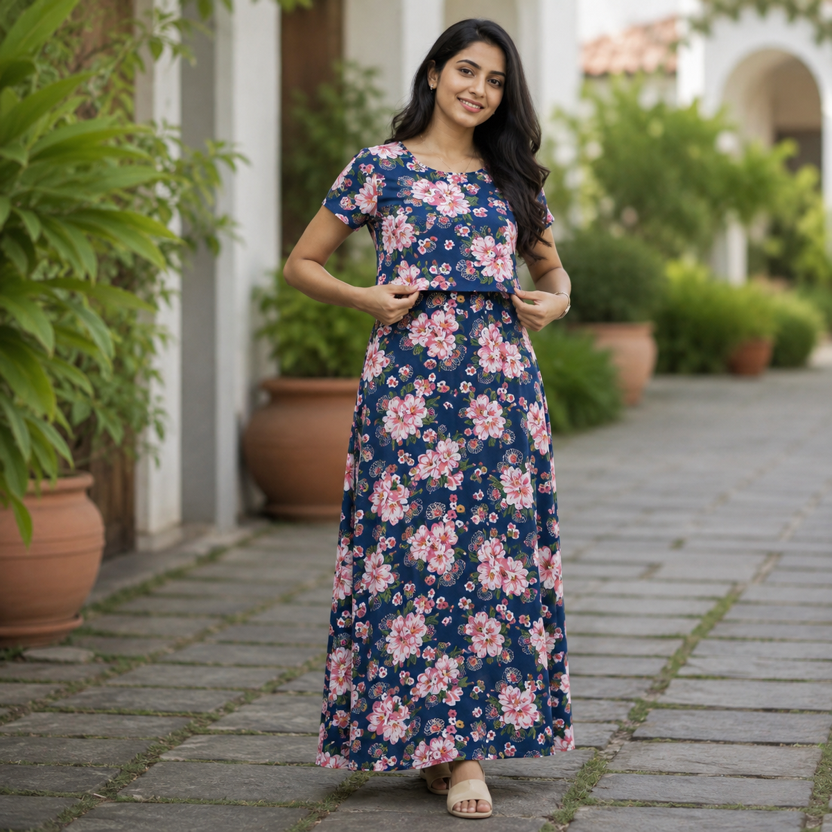 Blue with Pink lilly flower Print Zipless Feeding Loungewear (M)