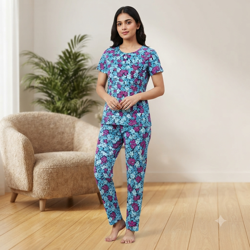 Blue with Red Floral Print Pyjamas (M)