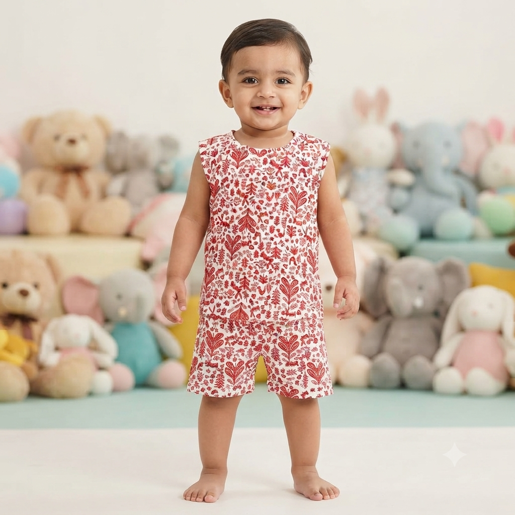 Red Leafs Print Sleeveless Shorts Cordset (6month to 1year)