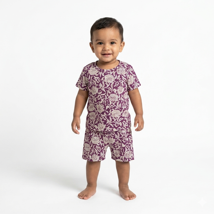 Maroon Flower Print Shorts Set (6month to 1year)