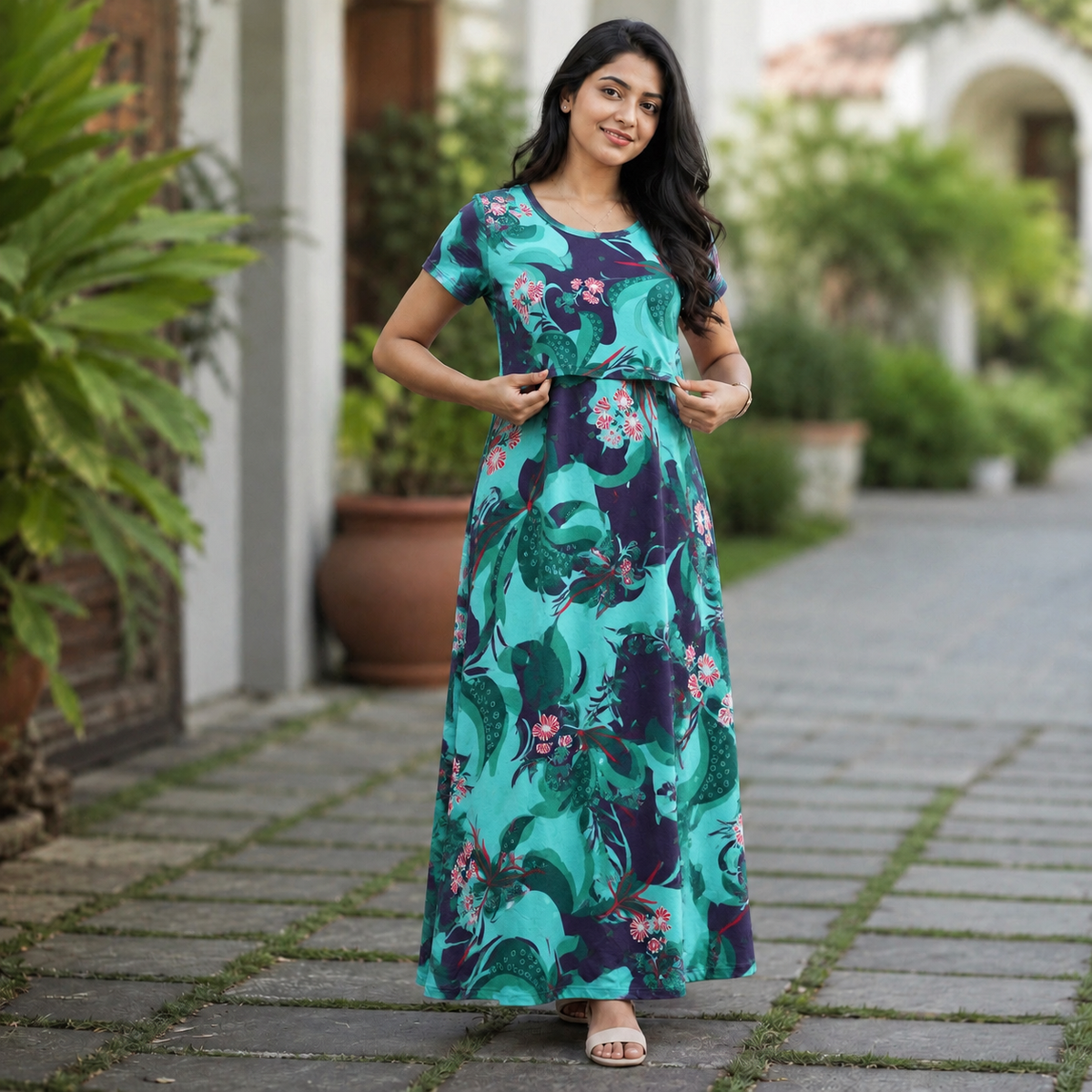 Random greenish flower Print Zipless Feeding Loungewear (XL) BB