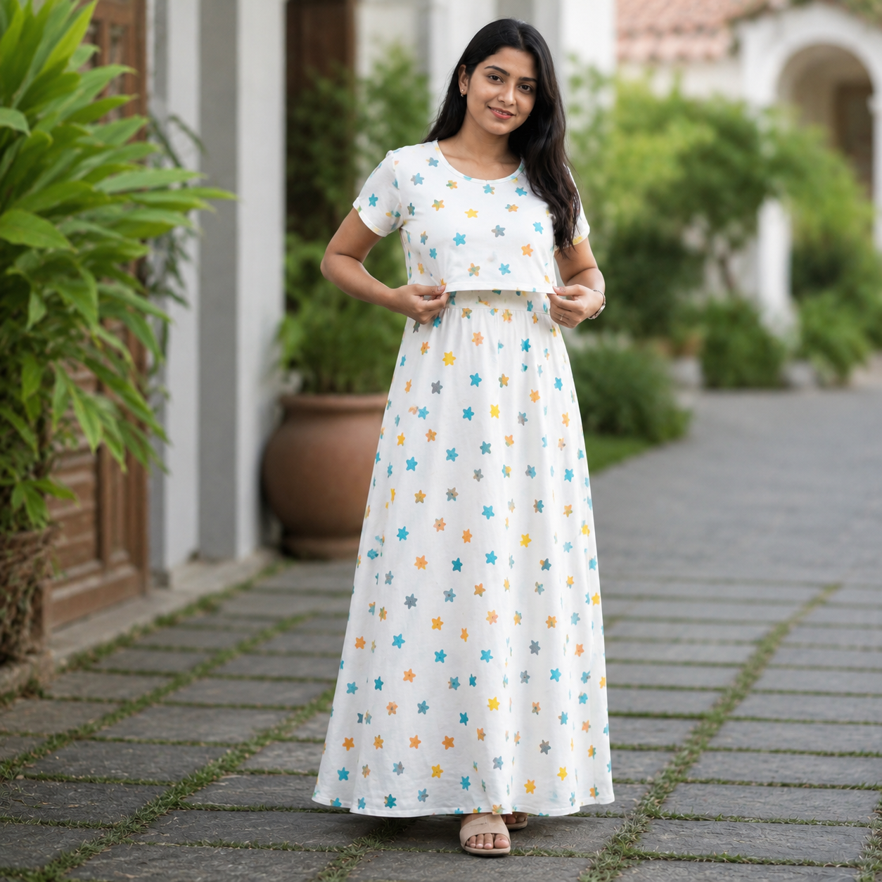 White Star Print Zipless Feeding Loungewear (M)