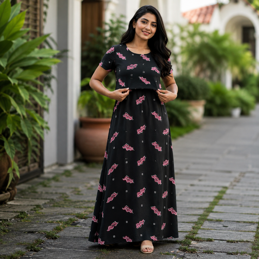 Black Leaf Print Zipless Feeding Loungewear (L)