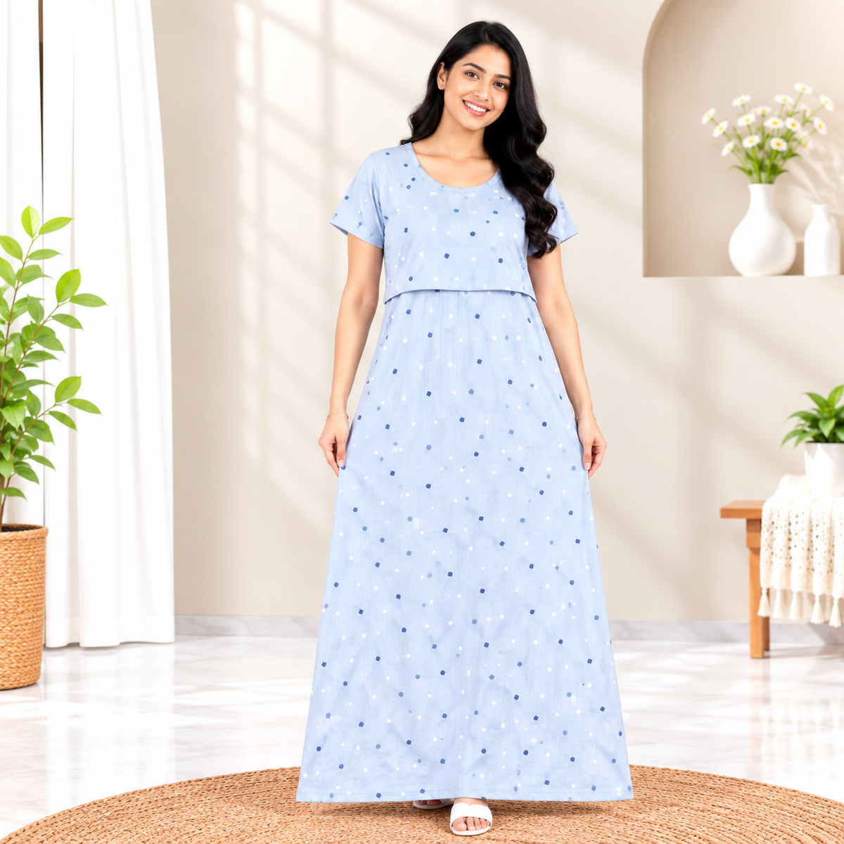 White & Blue Dots Print Zipless Feeding Loungewear (XL)