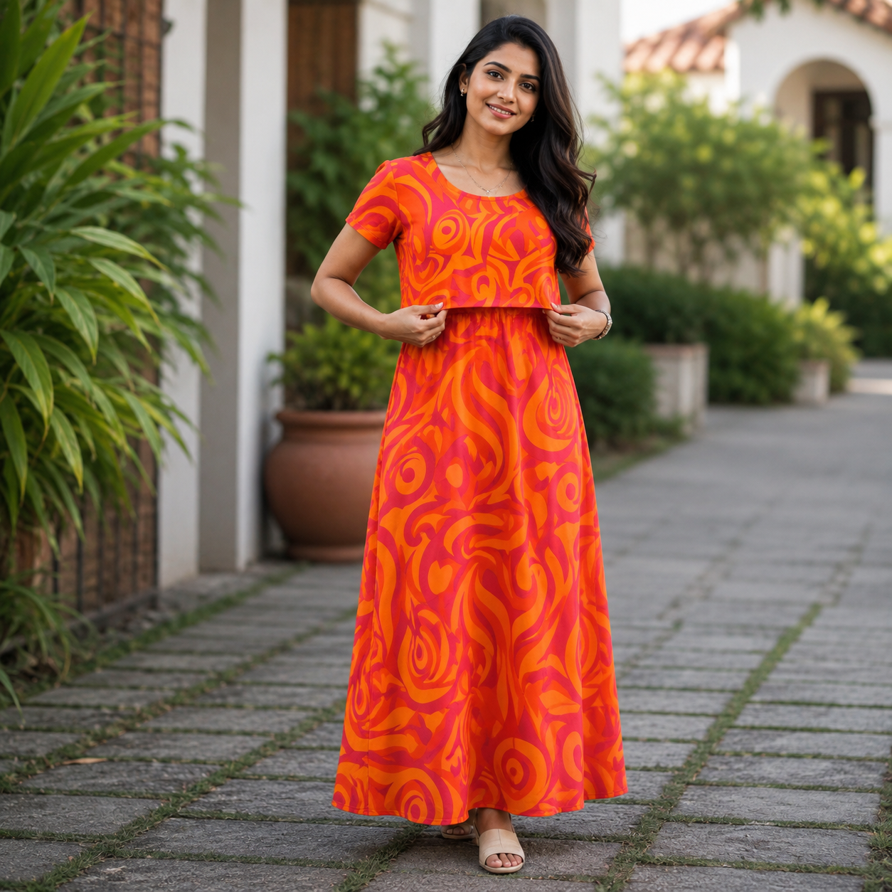 Unique Orange Print Zipless Feeding Loungewear (L) BB