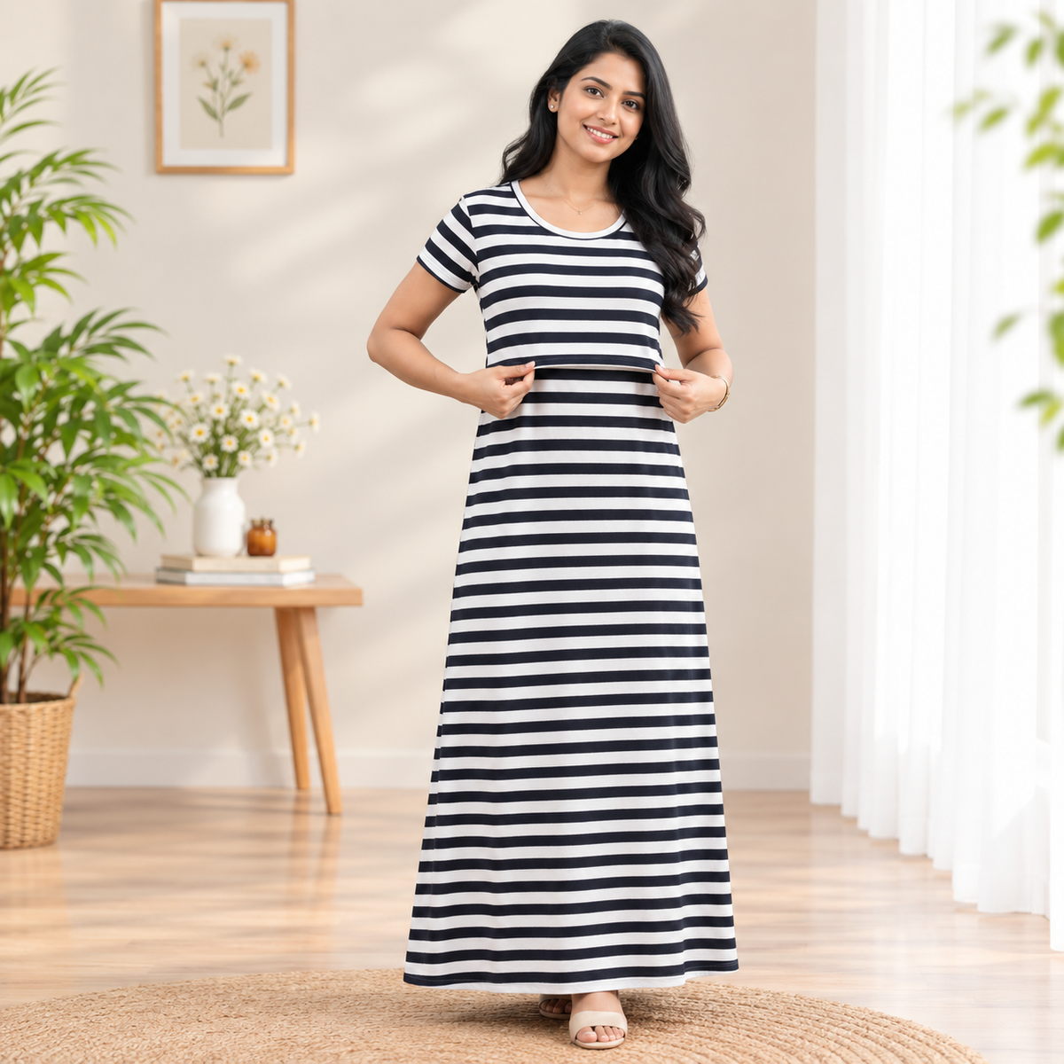 Black and White Lines Print Zipless Feeding Loungewear (M)