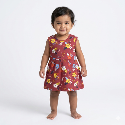 Maroon Flower Print Sleeveless Frock (Newborn to 6month)