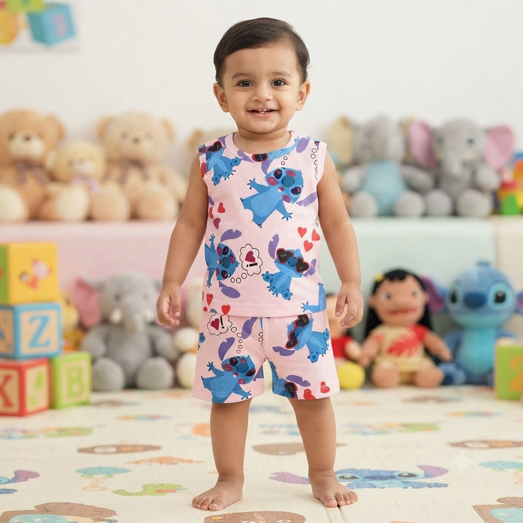 Pink Stitch Print Sleeveless Shorts Cordset (1year to 2year)