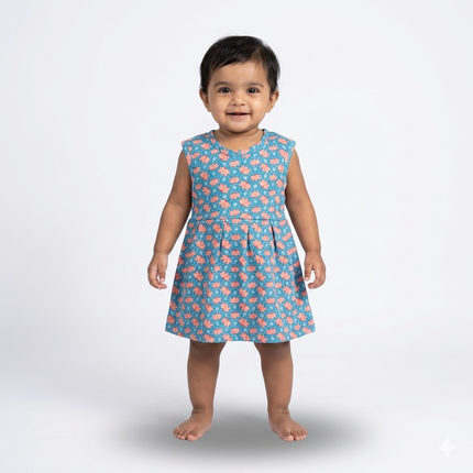 Pink Flower Print Sleeveless Frock (Newborn to 6month)