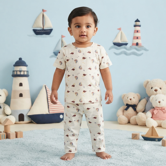 Fish & Boat Print Premium Ribbed Pant Cordset (3year to 4year)