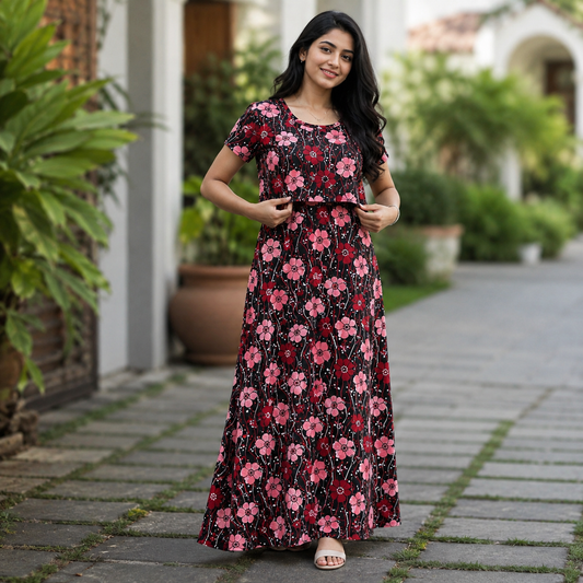 Black Flower Print Zipless Feeding Loungewear (L)