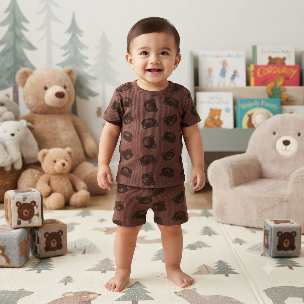 Brown Teddy Premium Ribbed Shorts Cordset (1year to 2year)