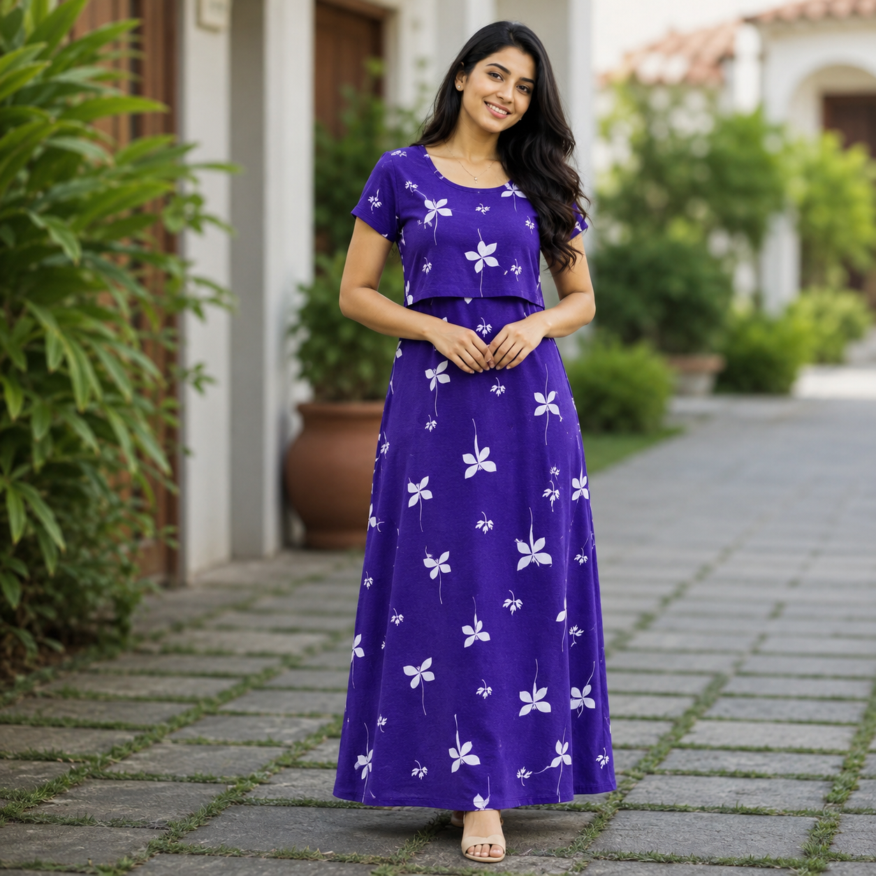 Blue with White Flower Print Zipless Feeding Loungewear (L) BB
