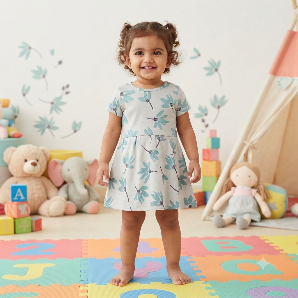 Blue & Green Botanical Kids Printed Frock (2year to 3year)