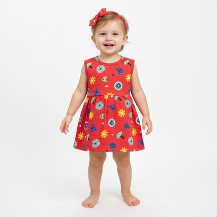 Red Multi Print Sleeveless Frock (6month to 1year)