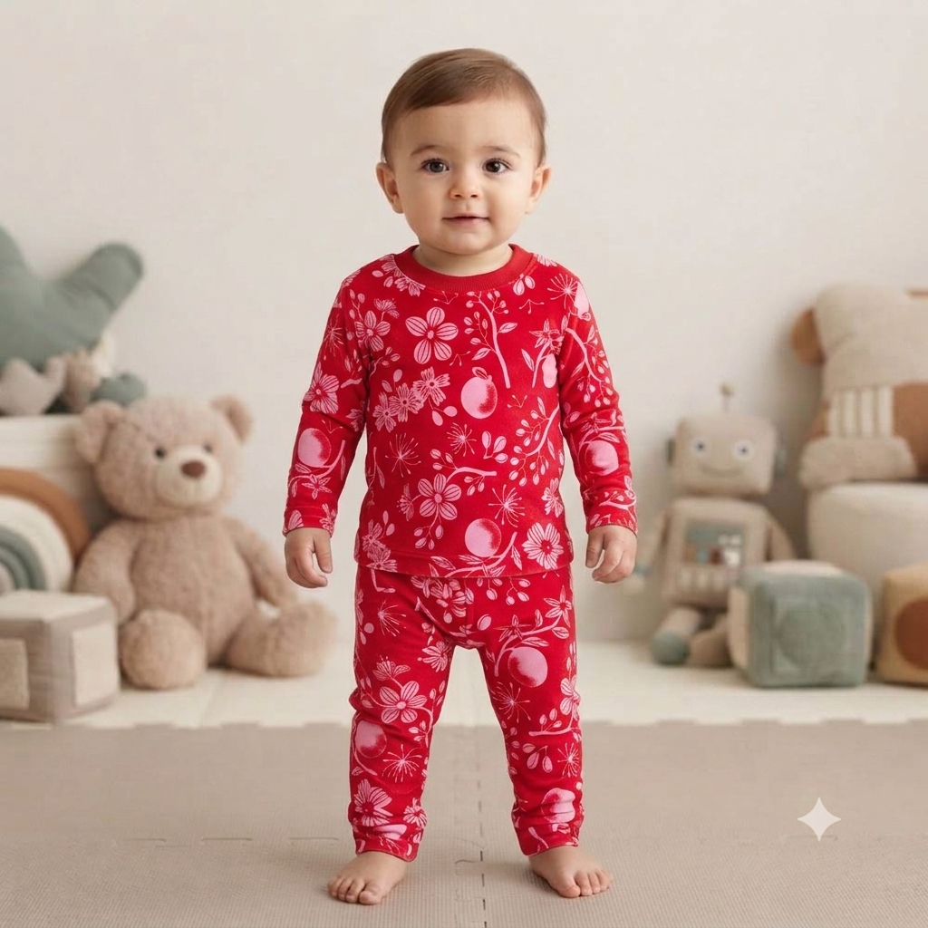 Red Flower and Fruit Full Sleeve Print Pant Set (7year to 8year)