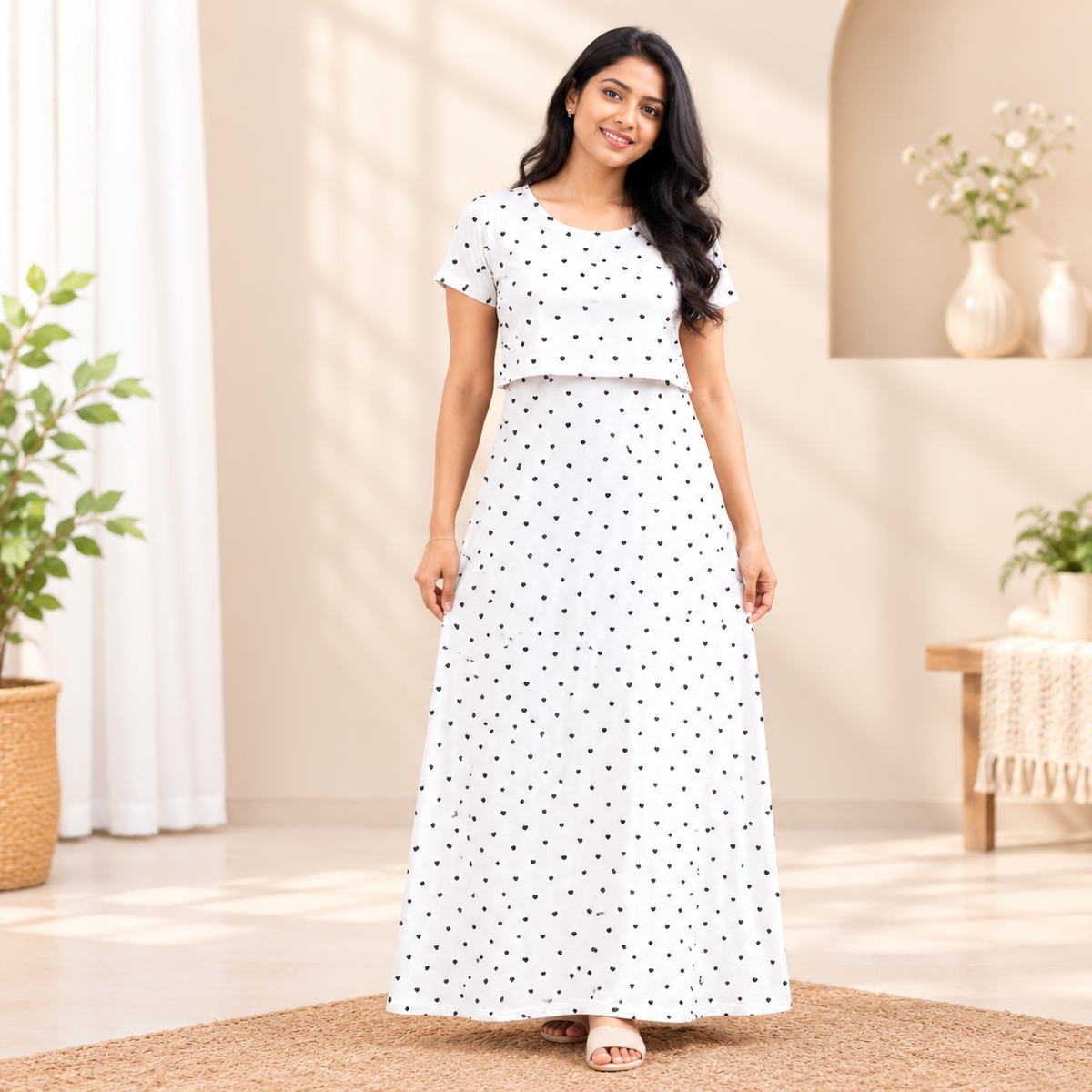 White Little Hearts Print Zipless Feeding Loungewear (M)