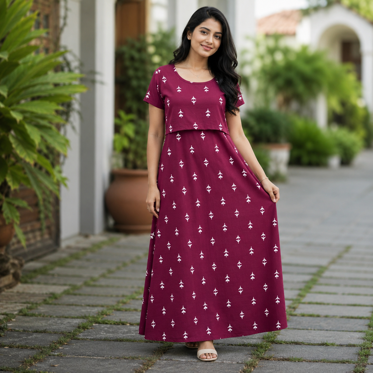 Maroon Mini Flower Print Zipless Feeding Loungewear (XL) BB