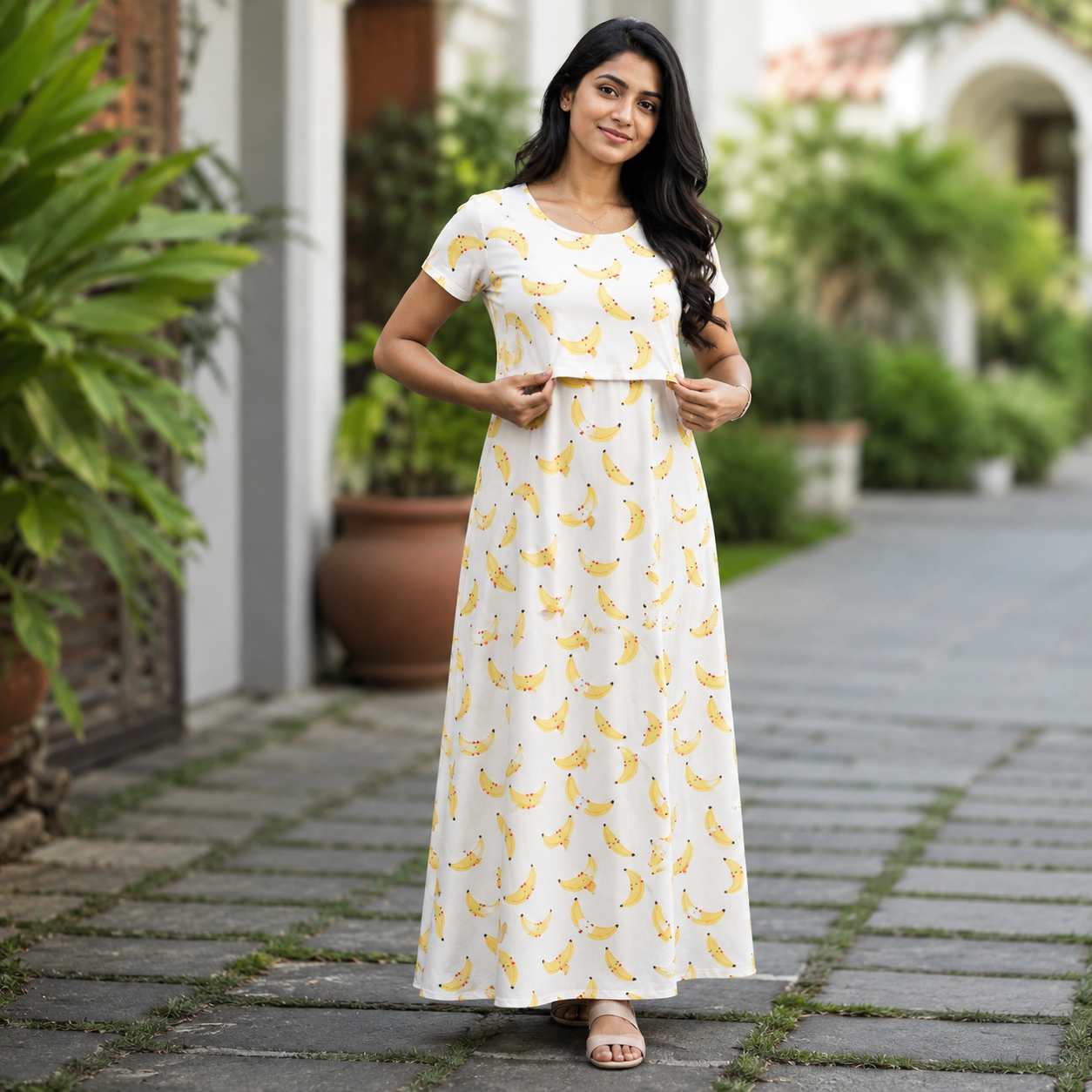 Yellow Banana Print Zipless Feeding Loungewear (XL)