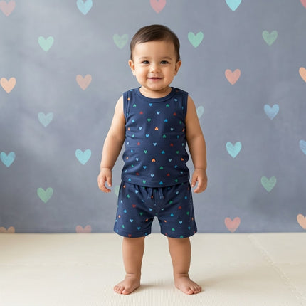 Blue Mini Heart Print Sleeveless Shorts Cordset (1year to 2year)
