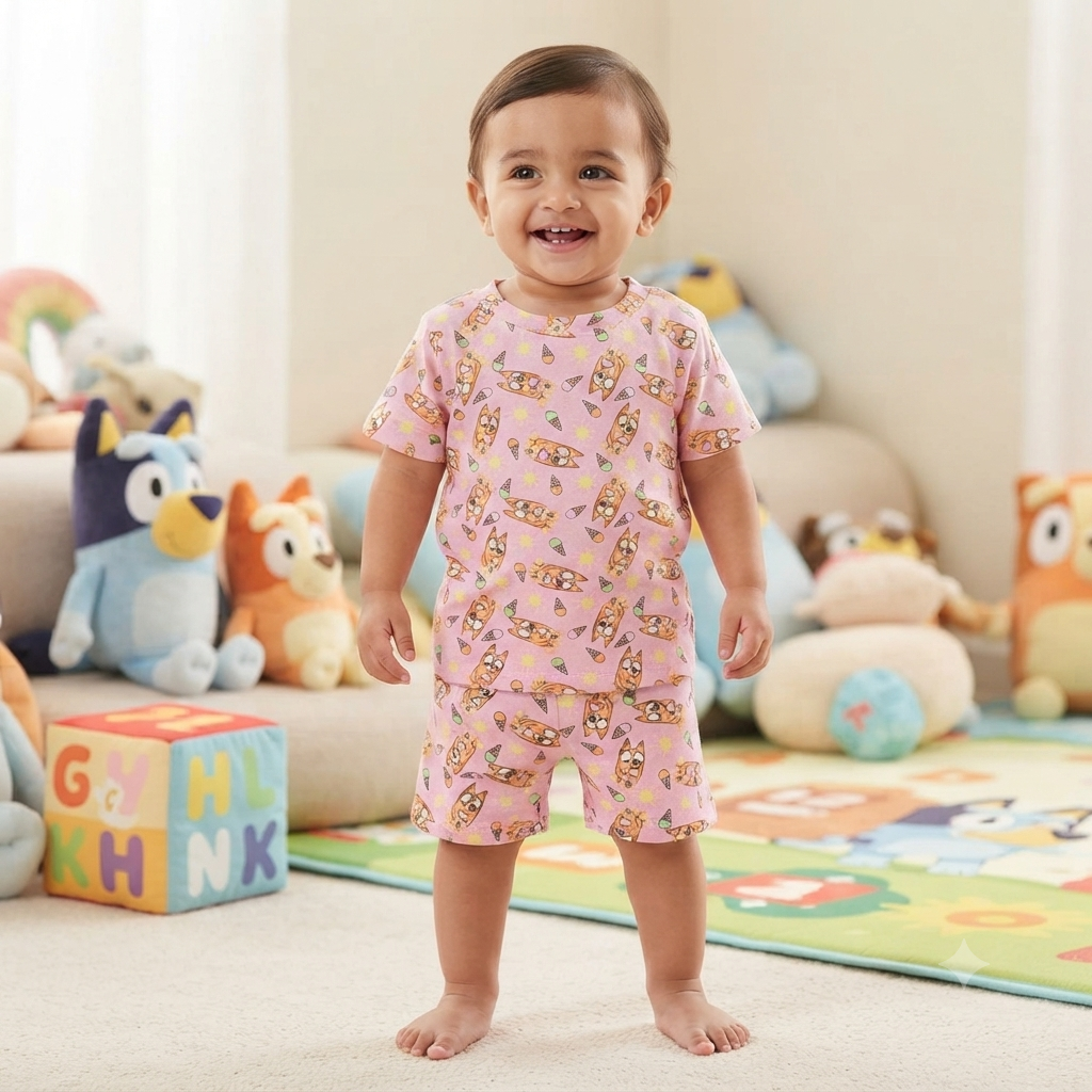 Peach Cartoon Print Shorts Cordset (1year to 2year)