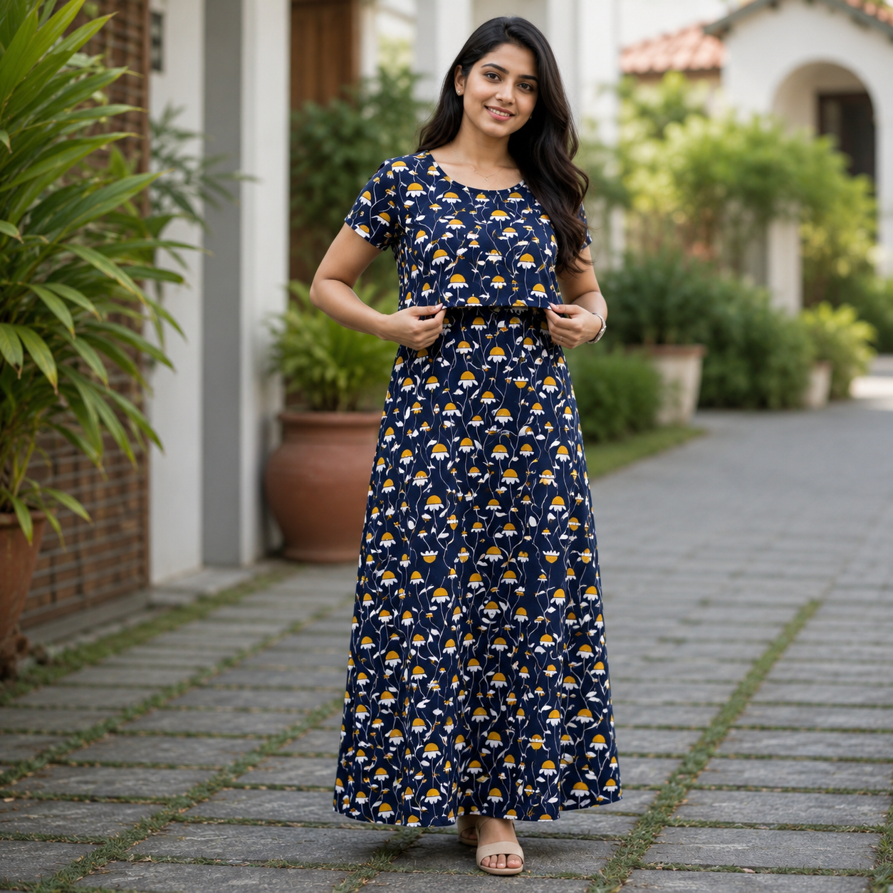 Navy Yellow Flower Print Zipless Feeding Loungewear (M) BB