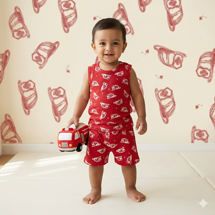 Cute Red Print Sleeveless Shorts Cordset (1year to 2year)