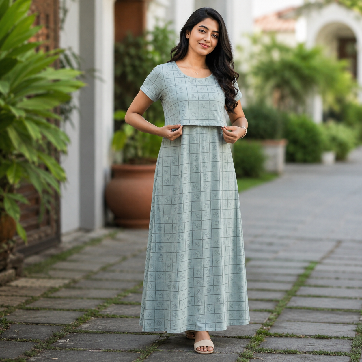Grey Leaves Print Zipless Feeding Loungewear (M)