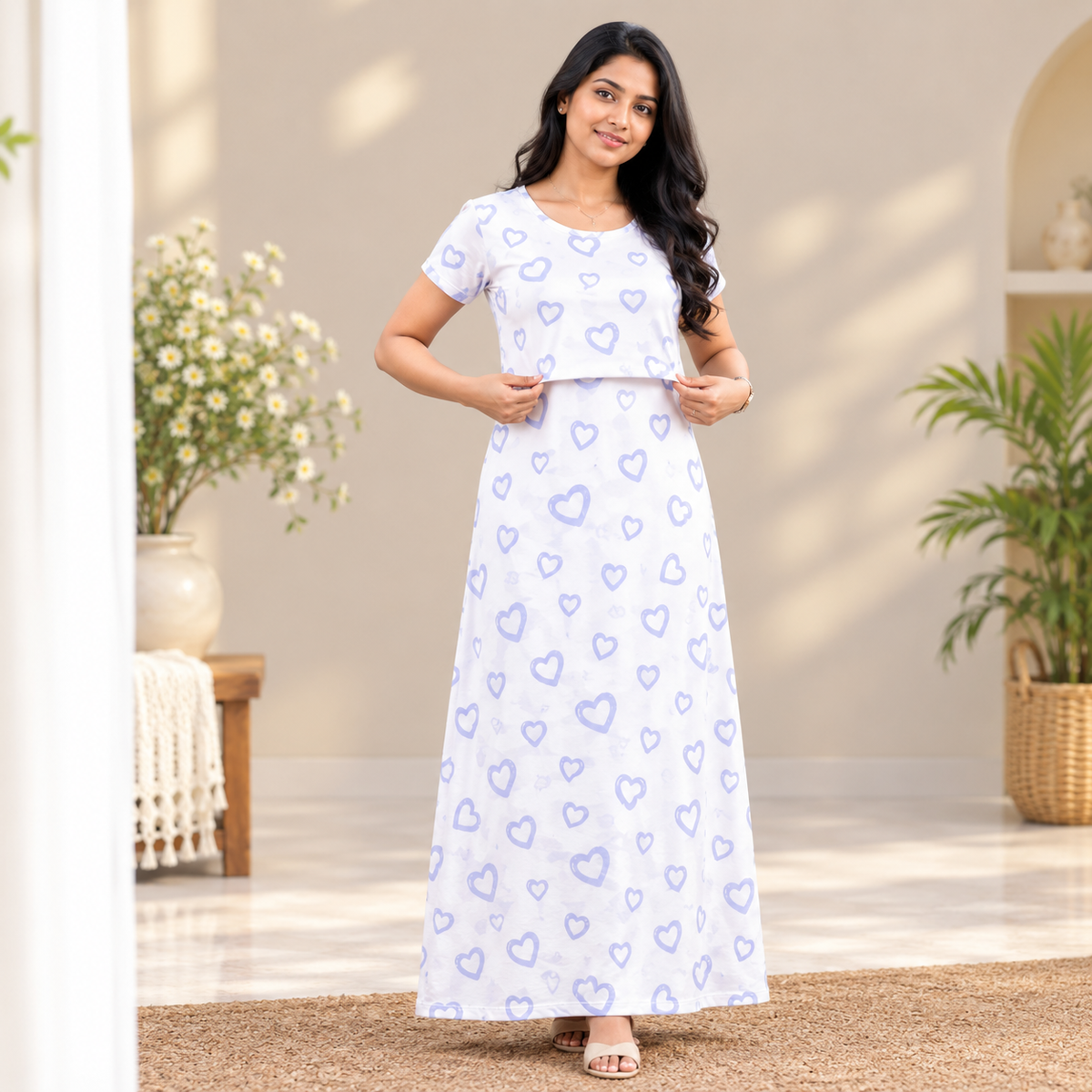 Blue Hearts Print Zipless Feeding Loungewear (XL)