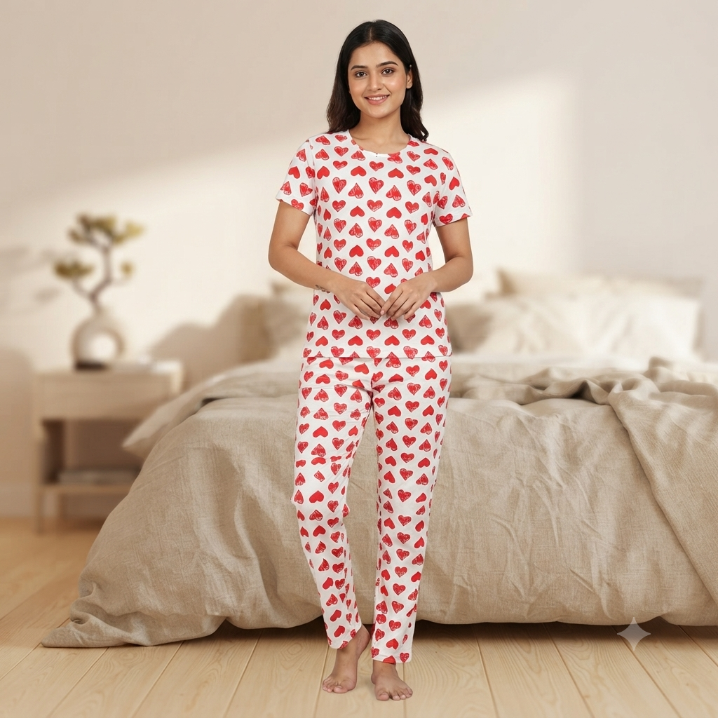 Red Heart Print Pyjamas (XXL)