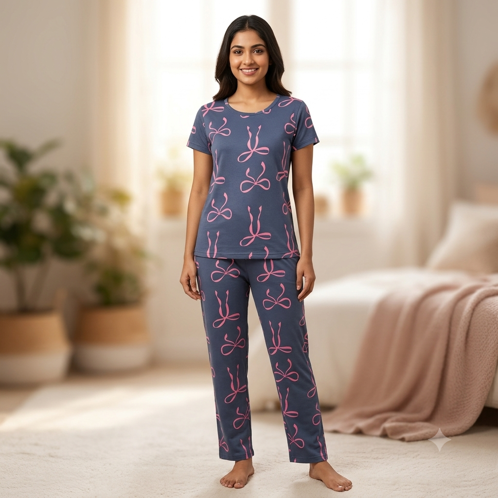 Navy Ribbon Print Pyjamas (M)