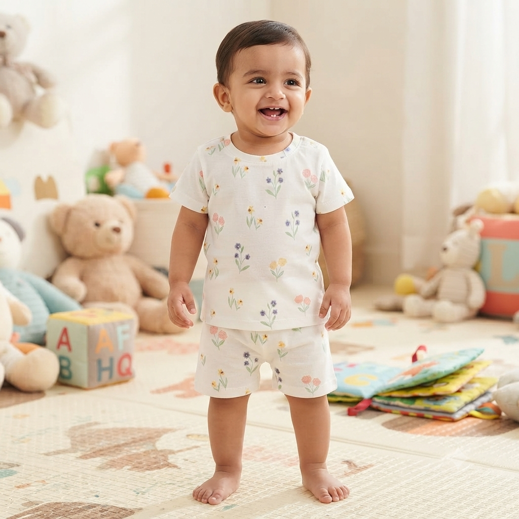 White Flowers Print Shorts Cordset (2year to 3year)