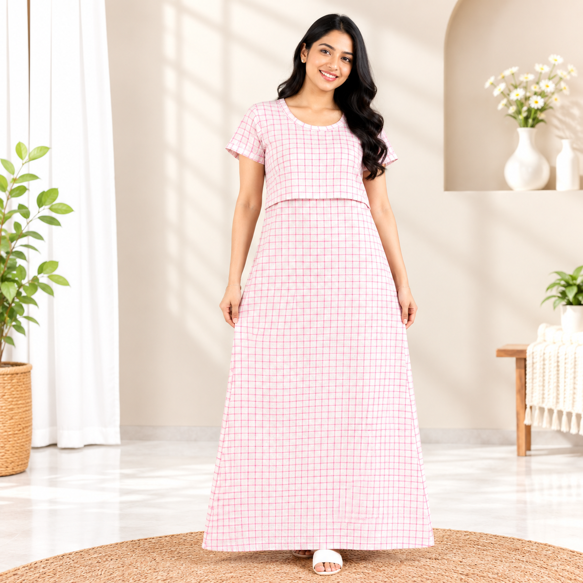 Pink Checkered Print Zipless Feeding Loungewear (L)