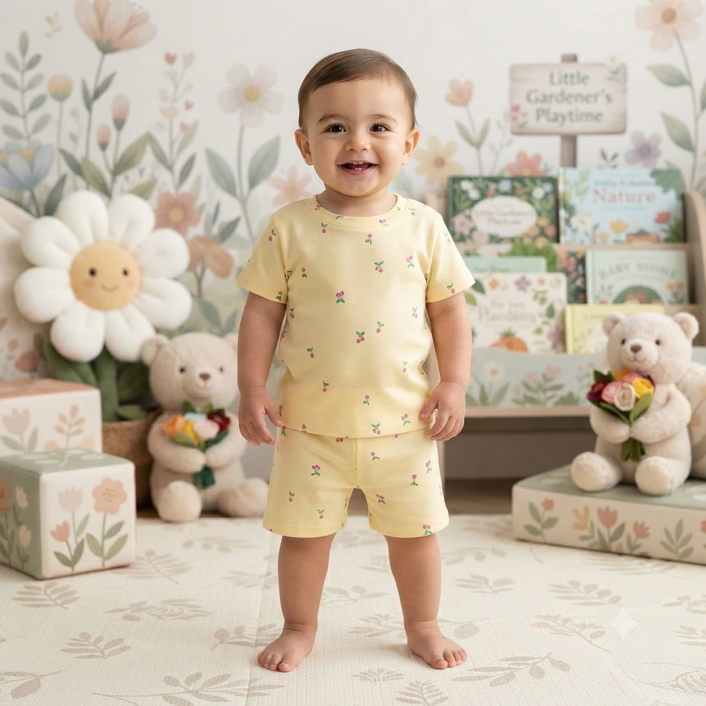 Yellow Mini Flower Premium Ribbed Shorts Cordset (4year to 5year)