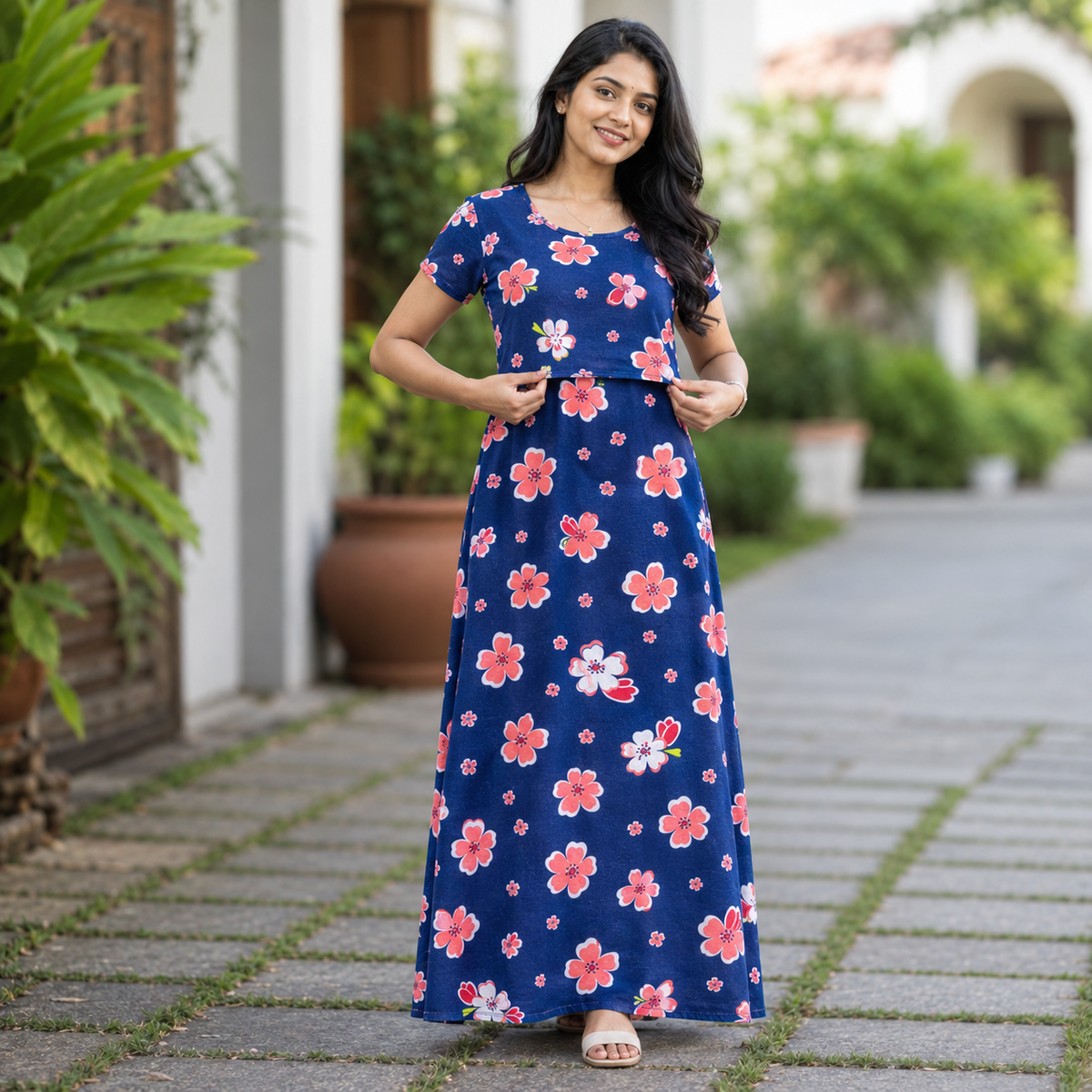 Blue Flower Print Zipless Feeding Loungewear (L)