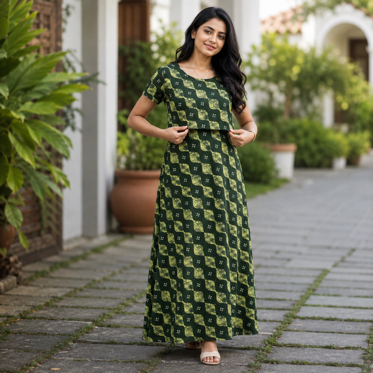 Dark Green Geometric Print Zipless Feeding Loungewear (XL) BB
