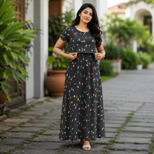 Black Colourful Print Zipless Feeding Loungewear (M)