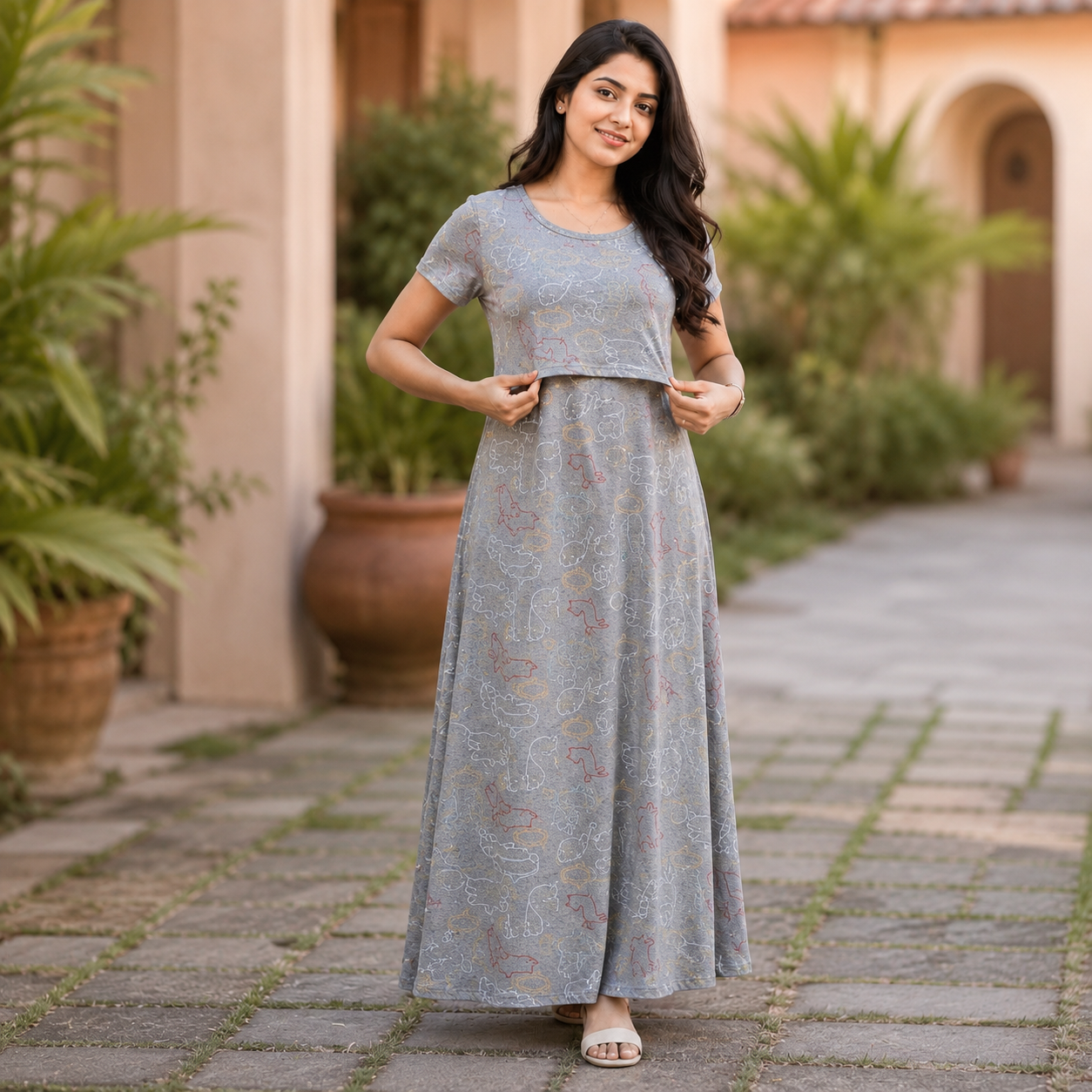 Cute Grey Print Zipless Feeding Loungewear (M)