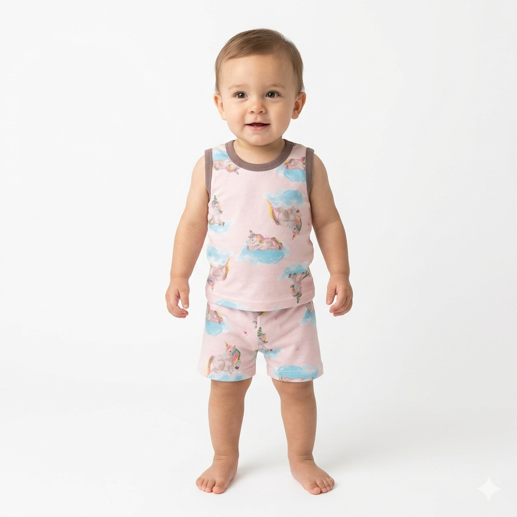 Unicorn Print sleeveless shorts cordset (6month to 1year)