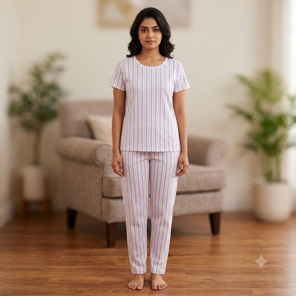 White & Pink Stirpes Print Pyjamas (XXL)