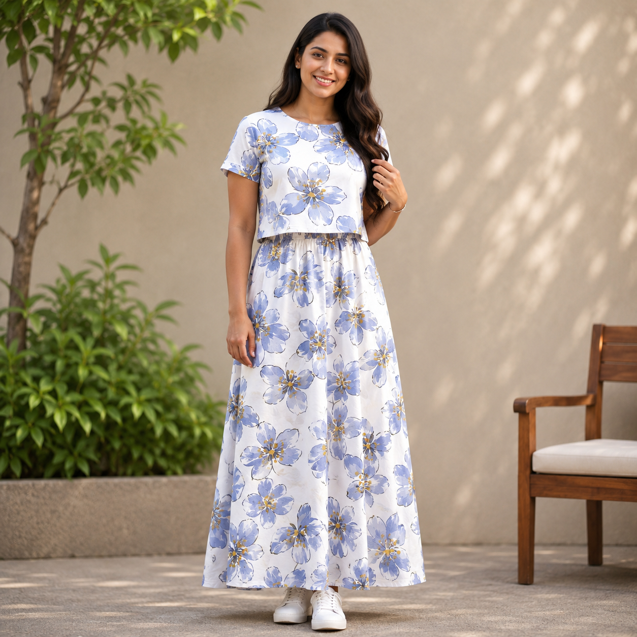 Blue Flower Print Zipless Feeding Loungewear (L)