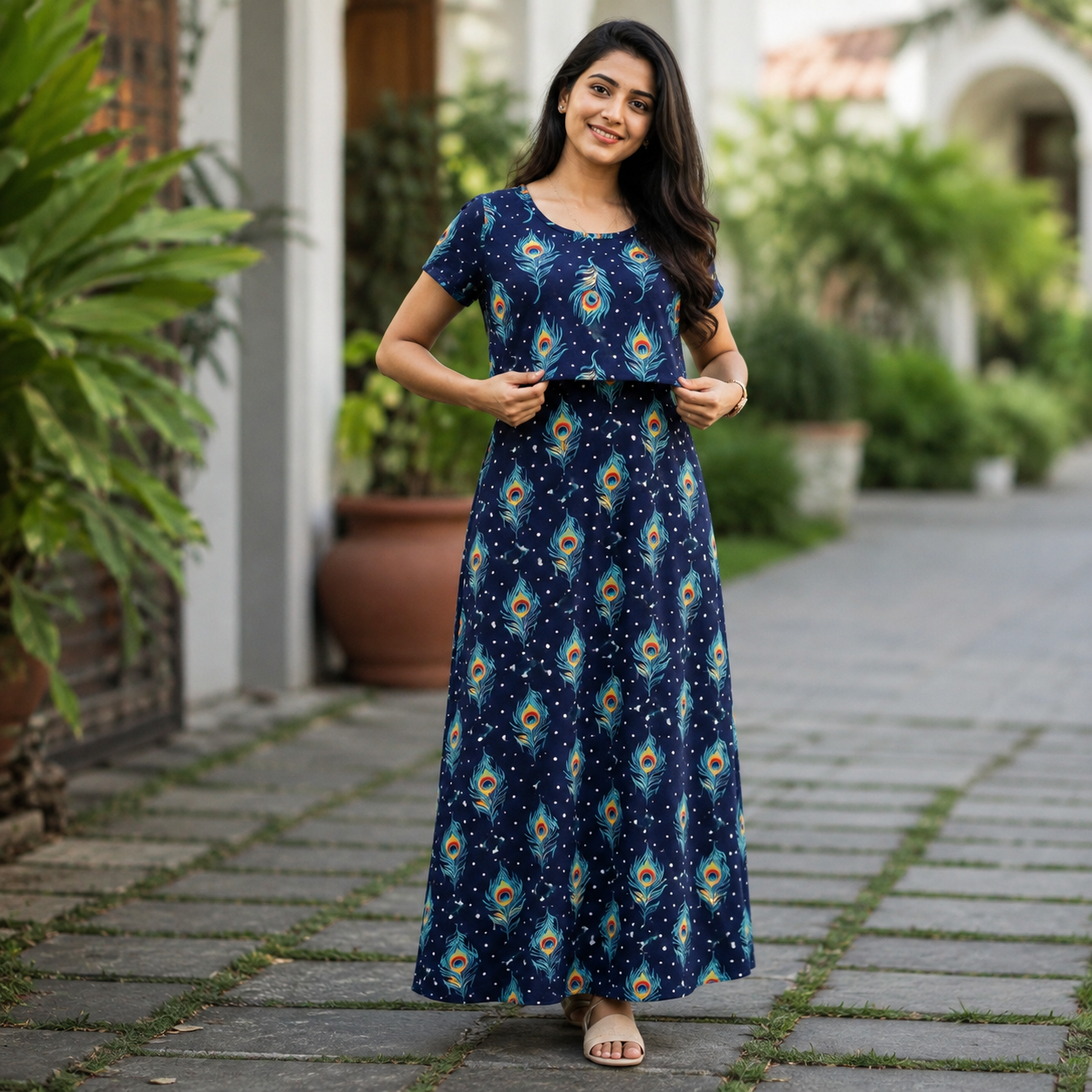 Navy Peacock Print Zipless Feeding Loungewear (L) BB