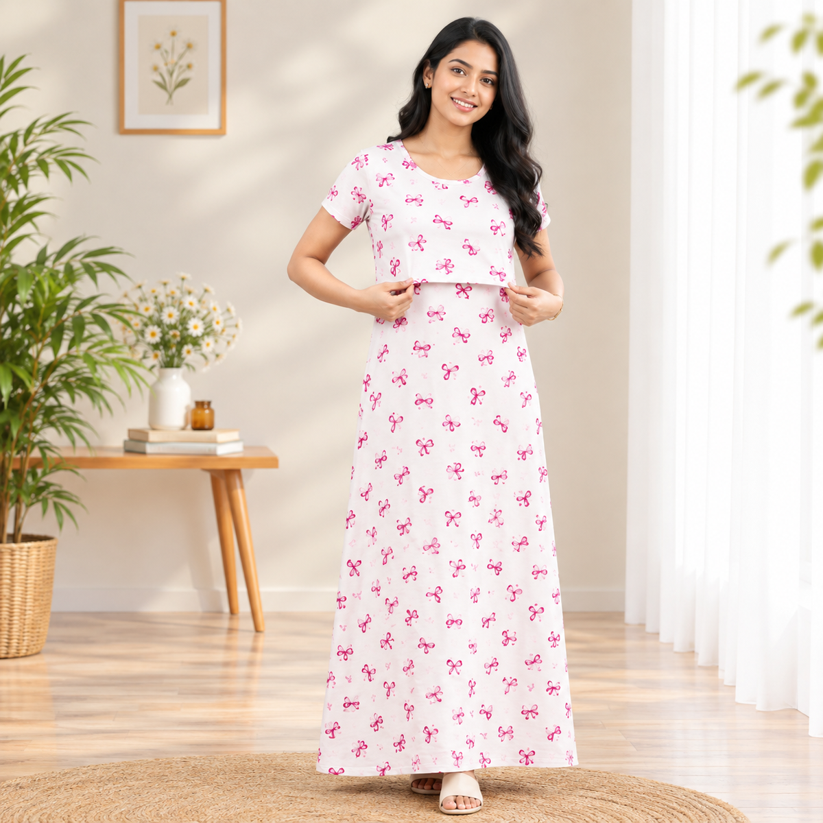 Pink Ribbon Print Zipless Feeding Loungewear (L)