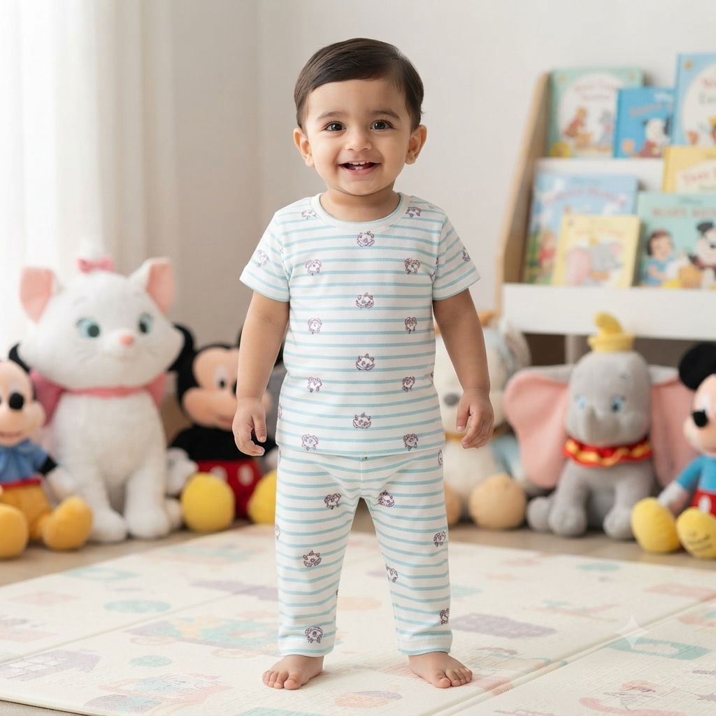 Cute White Cat Print Pant Set (2year to 3year)