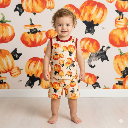 Pumkin Print Sleeveless Shorts Cordset (2year to 3year)