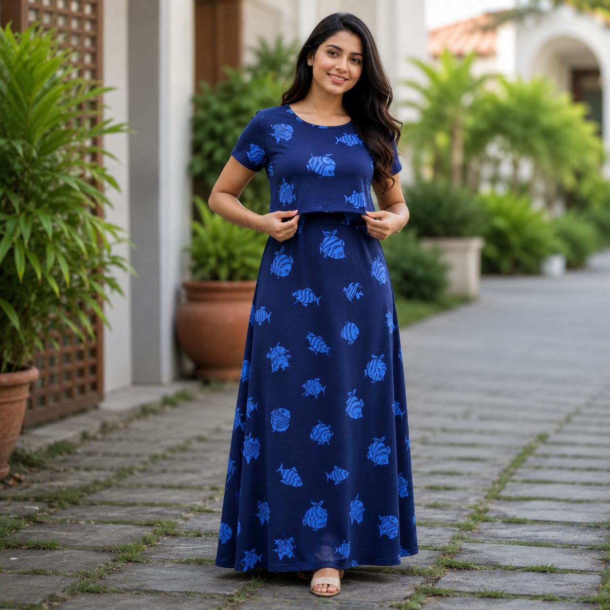 Blue Fish Print Zipless Feeding Loungewear (M) BB