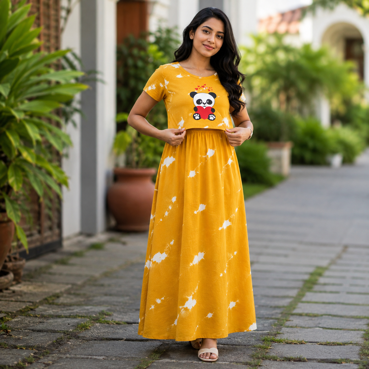 Yellow happy panda Print Zipless Feeding Loungewear (L) BB