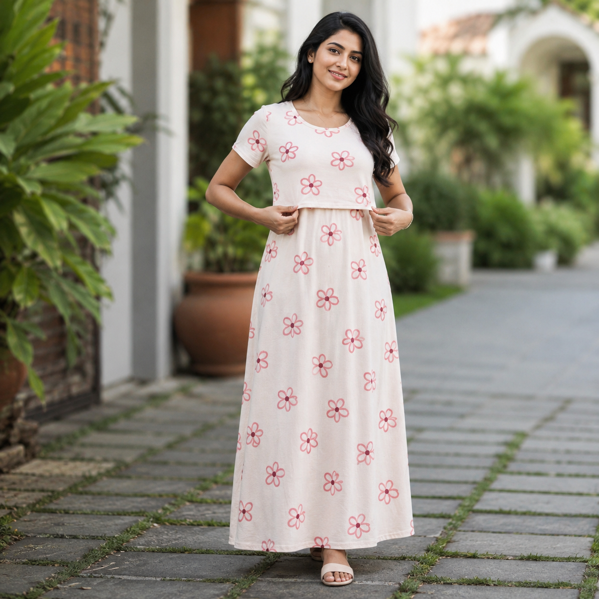 Red Flower Print Zipless Feeding Loungewear (L)